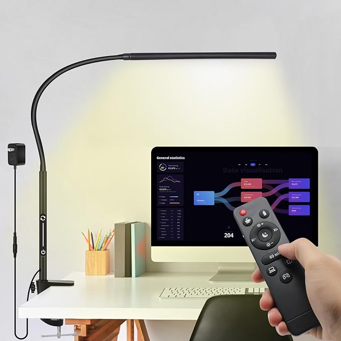 LED Desk Lamp for Office Home, Remote Control Desk Light with Stepless Dimming Adjustable Flexible Gooseneck,Eye-caring Clip on Table Lamp with 4 Color Modes, Workbench Drafting Reading Study bedrooms