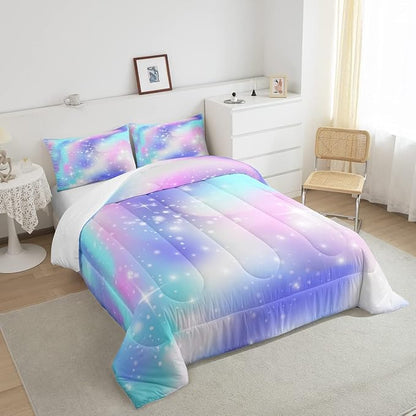 Erosebridal Ombre Comforter Rainbow Comforter Set Twin Tie Dye Galaxy Duvet Set Nebula Bedding Starry Sky Quilt Set Pastel Stars Glitter Bedding Set Purple Blue Bedroom Decorative Down Alternative