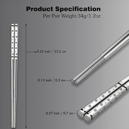 Metal Chopsticks Reusable,18/8 Stainless Steel,Silver,5PC Cherry Blossom | Gift Box Set,Square,Lightweight, Non-Slip,Laser Engraved Patterns No fade