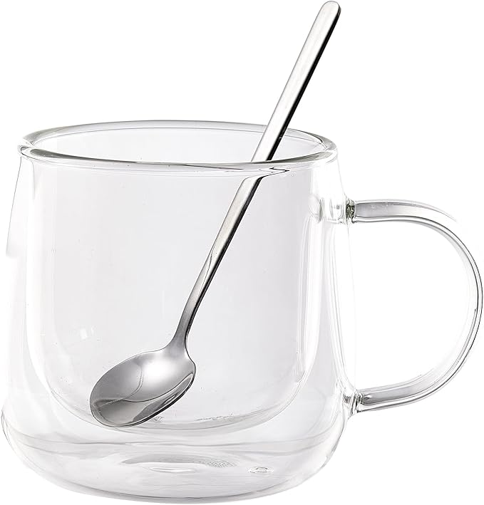 Double Wall Glass Coffee Mugs 10 Oz with Handle - Set of 1 | Insulated Clear Espresso Coffee Mug with Handle, Double Walled Coffee Cups for Cappuccino, Latte, Tea, Hot Drinks