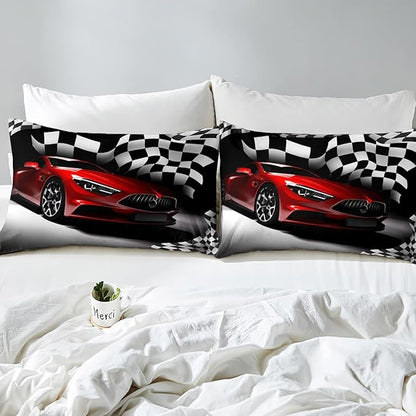 Erosebridal Teen Race Car Comforter Set For Boys King Size Extreme Sports Car Bedding Set,Black White Checkered Grid Comforter Retro Red Cool Vehicle Automobile Quilt Duvet 2 Pillow Cases