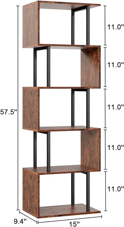 Furologee 6-Tier Bookshelf, Tall S-Shaped Geometric Bookcase, Industrial Freestanding Display Shelf Unit, Wood and Metal Decorative Room Divider for Living Room Bedroom, Home Office, Rustic Brown