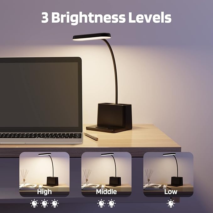 Battery Operated Desk Lamp, Small Desk Light for Home Office, Rechargeable Desktop Lamp, LED Portable Lamp with Adjustable Gooseneck, Black Study Reading Lamp for Kids