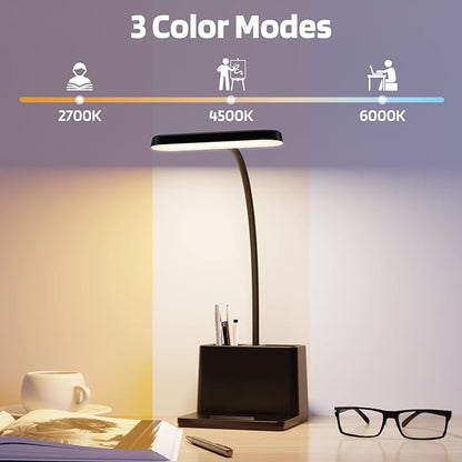 Battery Operated Desk Lamp, Small Desk Light for Home Office, Rechargeable Desktop Lamp, LED Portable Lamp with Adjustable Gooseneck, Black Study Reading Lamp for Kids