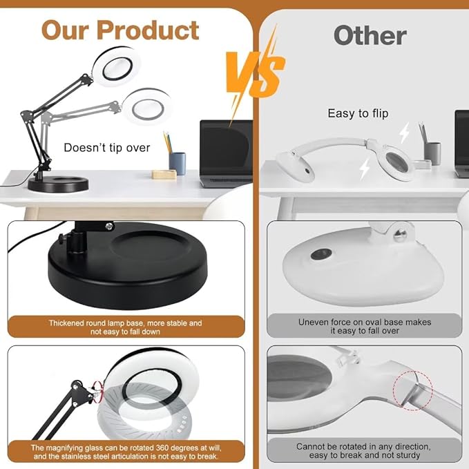2-in-1 Large Magnifying Glass with Light and Stand-Lighted Magnifying Glass Magnifying Lamp 5 Color Modes Stepless Dimmable-Hands Free Desk Magnifying Glass with Light for Close Work Reading Repair