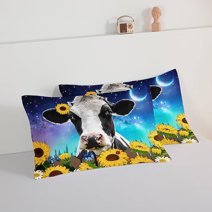HOSIMA Cow Print Comforter Set with 2 Pillowcases,Farm Animal Theme Bedding Set Sunflower Full Size Comforter for Adults Teens Kids,Farm Starry Sky Toddler Comforter Floral Bedding Set.