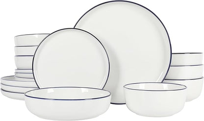 Gibson Home Oslo 16-Piece Porcelain Ceramic Chip & Scratch Resistant Dishes, Microwave & Dishwasher Safe, Plates and Bowls Dinnerware Set, White w/Blue Rim