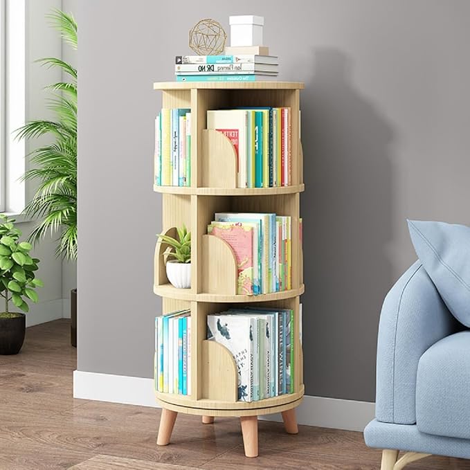 Gdrasuya10 3 Tier Rotating Bookshelf with Legs, Revolving Bookcase Standing Small Bookshelf Storage Wood Bookcase 360 Display Book Shelf Easy Assemble for Bedroom Study Room