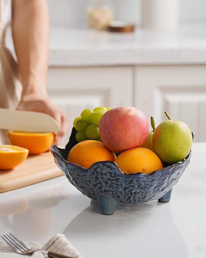 Fruit Bowl, Porcelain Oval Bowl for Kitchen Counter Large Decorative Bowl for Home Decor Centerpiece Bowl for Fruit, Vegetable, Breads, Nuts, Blue