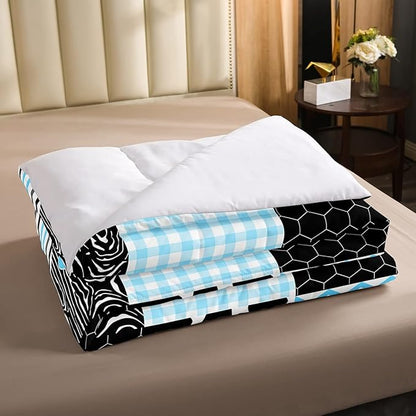 Cute Cow Print Comforter Set Queen Size Kawaii Highland Cow Bedding Set Bedroom Decor Honeycomb Plaid Pattern Geometric Stripes Down Comforter Cartoon Farm Animals Duvet Set, Blue Black Grey
