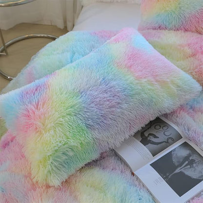 Faux Fur Kids Girls Rainbow Comforter Sets Queen - 3PC Bed Set Warm Comfortable Soft Plush Flannel Velvet Fluffy Fuzzy Bedding（Comforter x 1 Pillowcases x 2）