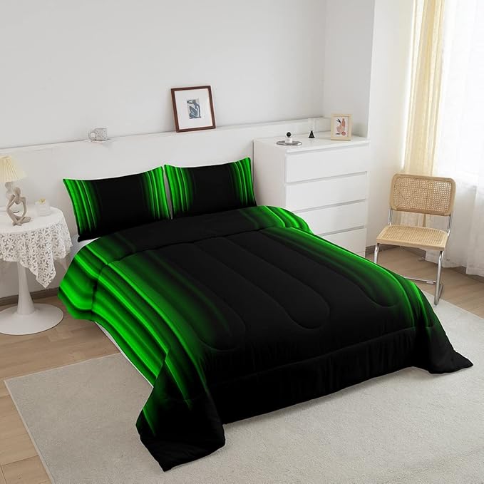 Feelyou Geometric Abstract Ombre Bedding Bed Set Men Adults Teens Green and Black Striped Comforter Set Kids Boys Girls Simple Modern Comforter Inner Fill Bedroom Collection 3Pcs King Size