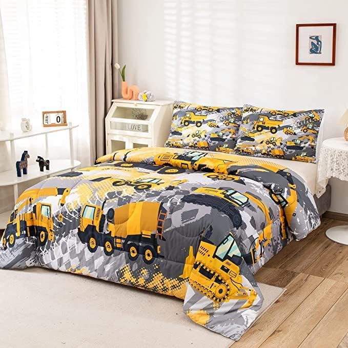 Feelyou Boys Construction Bedding Set King Size Comforter for Boys Kids Tractor Comforter Set Toddler Construction Decorations Car Bed for Boys Cartoon Excavator Trucks Quilt Set with 2 Pillow Cases