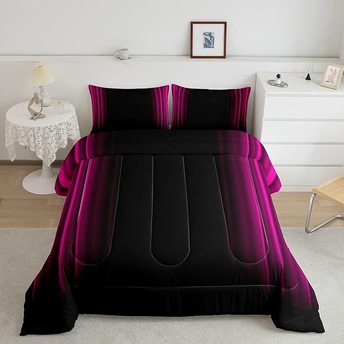 Geometric Abstract Ombre Bedding Bed Set Men Adults Teens Rose Red and Black Striped Comforter Set Kids Boys Girls Simple Modern Comforter Inner Fill Bedroom Collection 3Pcs Queen Size