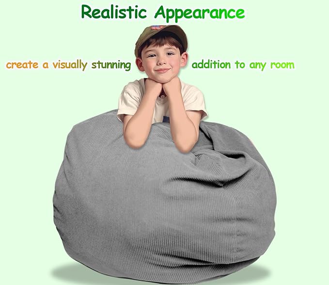 Stuffed Animal Storage Bean Bag Chair Cover (No Filler) Organizing Children's Plush Toys for Kids and Adults Keep your Memory Foam More Organized Gray