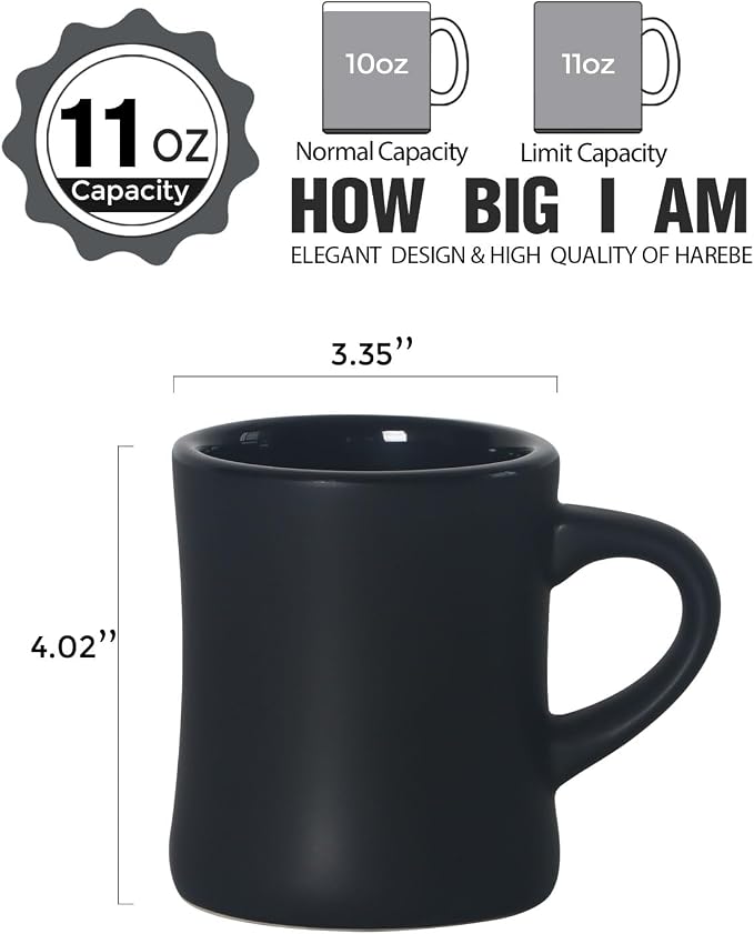 harebe Retro Coffee Mugs Set of 4, 10 OZ Heavy Classic Ceramic Diner Cups Set with Handle for Coffee, Tea, Cocoa, Milk, Latte（Black）