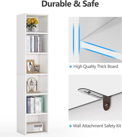 70.9 Inch Tall Narrow Bookcase, Corner Bookshelf 6 Tier Cube Display Shelf Storage Organizer for Small Space, White