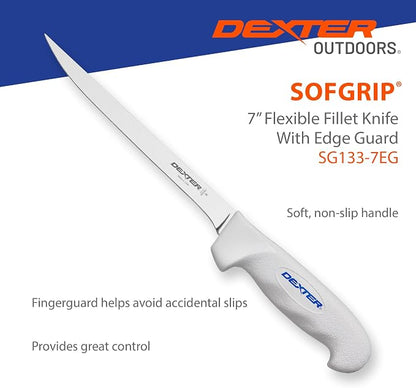 Dexter Outdoors SOFGRIP 7" Flexible Fillet Knife with Edge Guard | Corrosion-resistant high-carbon American stainless blade with soft slip-resistant grip. Edge guard included, made in USA.