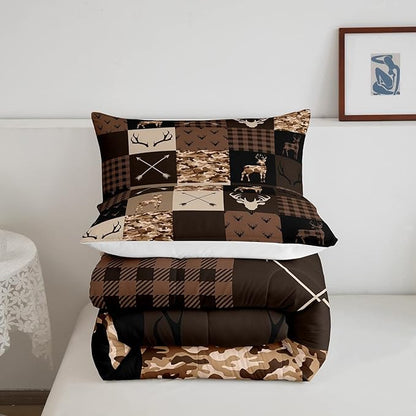 Antler Silhouette Kids Comforter Set Queen Size,Camo Brown Rustic Bedding Set,Girls Boys Adults Home/Xmas Cottage Decor,Stylish Plaid Grids Down Comforter,Arrows Boho Duvet Insert,3pcs,2 Pillowcases