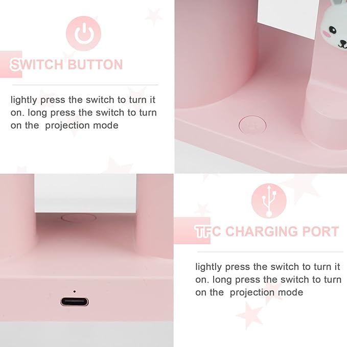 Pink Kids Desk Lamp with Pen holder, Rabbit cute LED Desk/Table Lamp with Dimmable Natrue Light, USB rechargeable and Funny projector, Small Bedside lamp, LED lamp for girls Bedrooms