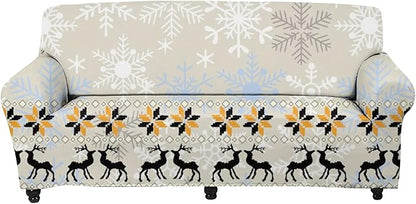 FKELYI Christmas Sofa Cover Slipcover Xmas Theme Reindeer Snowflake Printed Super Soft Stretch Sofa Couch Cushion Cover Durable Furniture Protector-L