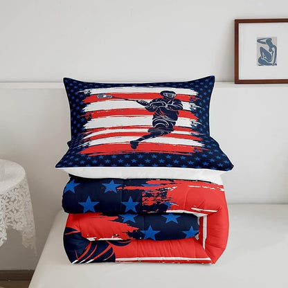 Feelyou Lacrosse Comforter Set Queen Size Boys Gilrs American Flag Sports Theme Bedding Set for Kids Adults Ultra Soft Lacrosse Player Games Comforter Navy Blue Duvet Set Room Decor Quilt Set