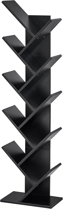 Hoctieon 10 Tier Tree Bookshelf, 10 Shelf Bookcase, Free Standing Tree Bookcase, Display Floor Standing Shelf for Books, Book Organizer Shelves for Home Office, Living Room, Bedroom, Black