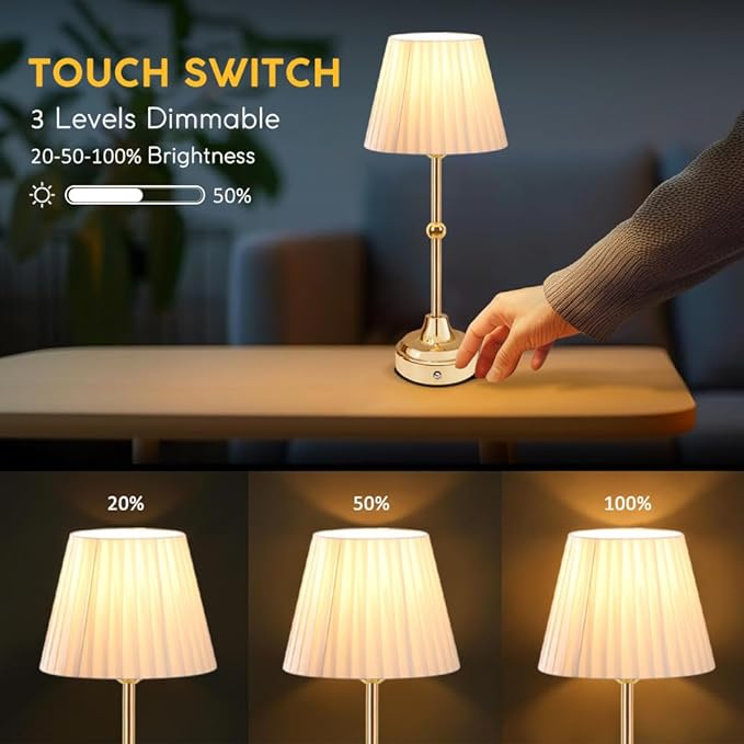 Cordless Metal Table Lamp,Touch Sensor Control Portable LED Table Lamp,3-Levels Brightness Rechargeable Bedside Lamp,Night Light for Kids Nursery,Dining Room Lamp (Gold)