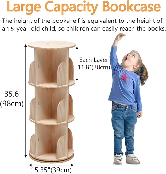 3 Tier 360 Display Rotating Bookshelf, Revolving Bookcase for Kids&Adults, Rotating Bookshelf Tower for Preschoolers' Classrooms, Nursery, Bedrooms, Living Room