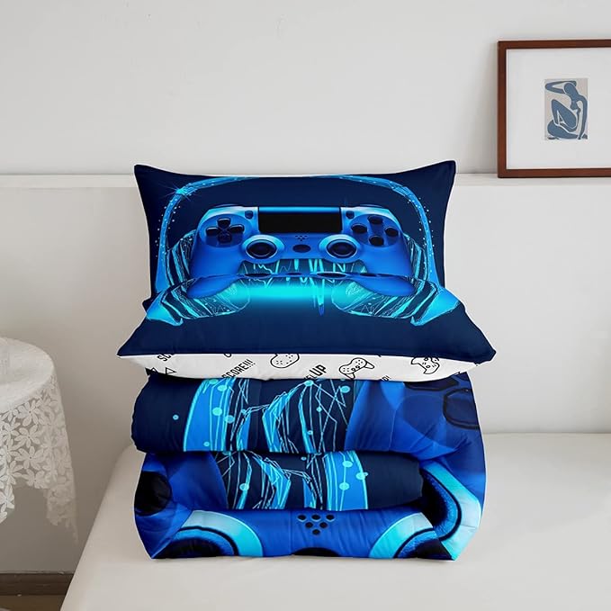 Gamer Comforter Set Twin Size,Blue Headphones Musical Design Games Gamepad Bedding Set for Kids Boys Video Game Room Decor Retro Playing Gamer Down Comforter Gaming Controller Quilted Duvet Set