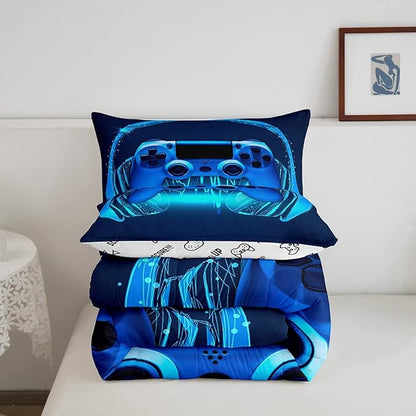 Gamer Comforter Set Twin Size,Blue Headphones Musical Design Games Gamepad Bedding Set for Kids Boys Video Game Room Decor Retro Playing Gamer Down Comforter Gaming Controller Quilted Duvet Set