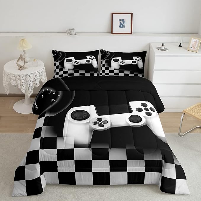 Gampad Comforter Set Queen Size,Gamer Lover Bedding Set Gift for Boys Youth,Video Game Reversible Quilted Duvet Soft Warm Game Room Decor,Black Buffalo Plaid Check Duvet Insert + 2 Pillowcases