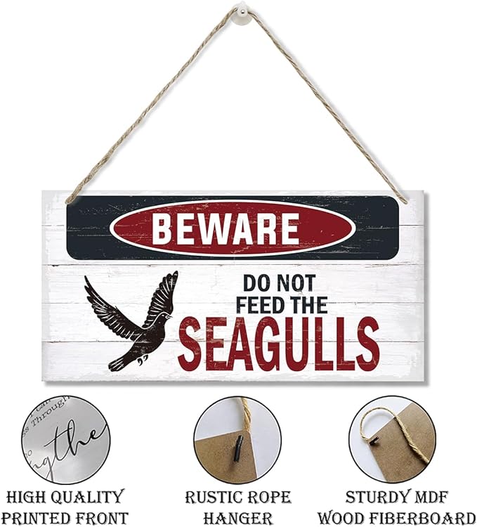 Warning Sign, Do Not Feed The Seagulls Seaside Beach Cafe Bar Metal Wall Warning Wood Plaque Sign, Funny Door Signs, Decorative Wood Hanging Suspension Plaque, Farmhouse Wooden Wall Decor