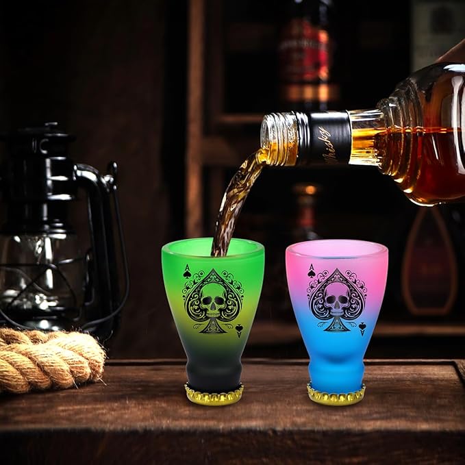 Spades Skull Pattern Glass Shot Glasses, Unique Wine Bottle Shot Glass, 43ml Shot Cups Set of 2 with Gift Box for Alcohol Shots, Vodka, Expresso, Tequila & Dessertsor, Gothic Christmas Gift