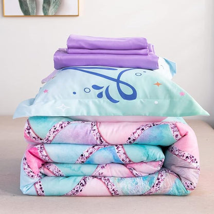 Wajade Kid Mermaid Scale Comforter Bedding Set Full Size, Colorful Rainbow 3D Fish Scale 7 Pieces Soft Bedding Sets with Comforter, Sheet, Pillowcase and Sham for Girls