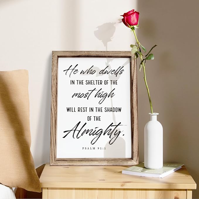 Christian Wooden Wall Sign, Inspirational Home Decor for Living Room, Wall Decor Art, Framed Wood Plaque Sign 15 * 11.5 inches, He Who Dwells in the Shelter of the Most High