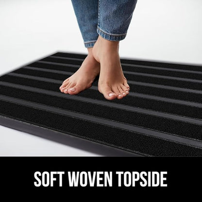 GORILLA GRIP 100% Waterproof All-Season WeatherMax Doormat US Designed Natural Rubber, Stain and Fade Resistant, Low Profile Indoor Outdoor Door Mats, Easy Clean Patio Mat, 17x29, Black Stripe