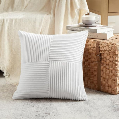 Fancy Homi 2 Packs Pure White Decorative Throw Pillow Covers 18x18 Inch for Living Room Couch Bed Sofa, Farmhouse Boho Home Decor, Soft Corss Corduroy Patchwork Textured Square Cushion Case 45x45 cm