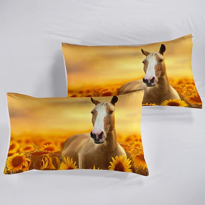 Horse Comforter King Size,Sunflower Horse Comforter Set for Kids Teens Girls Boys,3Pcs Bedding Set Printed Comforter with 2 Pillowcases,Soft and Lightweight，King Size