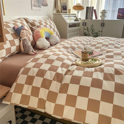 Wellboo Light Brown Plaid Comforter Sets King Women Men Cream Coffee and White Checkerboard Grid Bedding Comforters Cotton Boys Girls Modern Light Taupe Checkered Geometric Quilts Luxury Abstract Bed