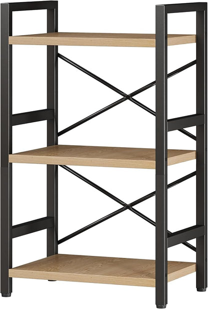 Bookshelf, 3 Tier Industrial Bookcase, Metal Small Bookcase, Rustic Etagere Book Shelf Storage Organizer for Living Room, Bedroom, and Home Office(Light Coffee) Patent Pending D29873033