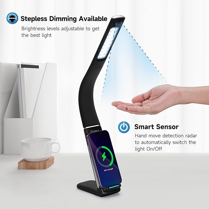 LED Desk Lamp with Wireless Charger, USB Charging Port, Stepless dimmable brightness, Natural Lights, Desk Lamps for Home Office, Table Lamp Eye Caring Reading Light, Gesture Control desk light