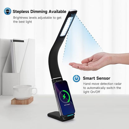 LED Desk Lamp with Wireless Charger, USB Charging Port, Stepless dimmable brightness, Natural Lights, Desk Lamps for Home Office, Table Lamp Eye Caring Reading Light, Gesture Control desk light