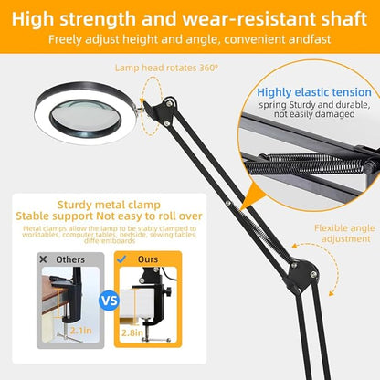 CANMEIJIA 10X Magnifying Glass with Light and Stand,5 Color Modes Stepless Dimmable Clamp on Desk Lamp,2-in-1 Hands-Free Magnifier Lamp for Craft,Painting,Soldering,Hobby,Sewing,Close Work,Reading