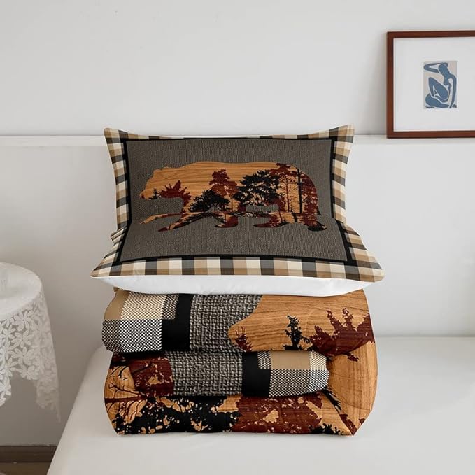 Cute Bear Comforter Set Wild Animal Pattern Bedding Set for Teens Nature Wildlife Bear Bedding Set Western Farmhouse Orange Grey Duvet Set Room Decor Full Size Duvet Set 3Pcs