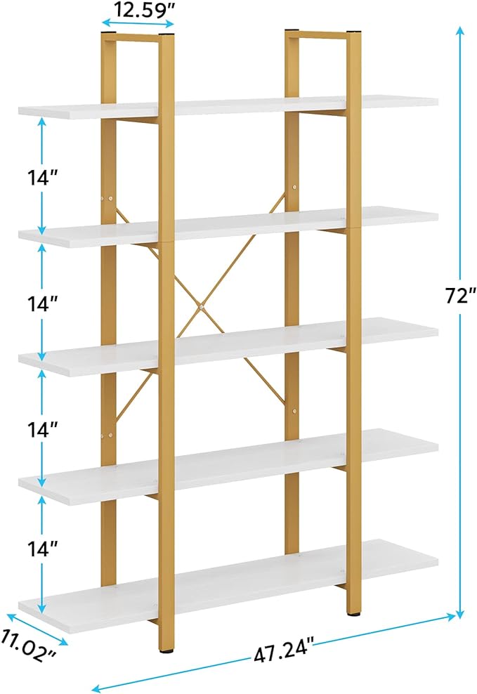 Tribesigns 5-Tier Bookshelf, Vintage Industrial Style Bookcase 70 ‘’ H x 12’’ W x 47’’L, Gold