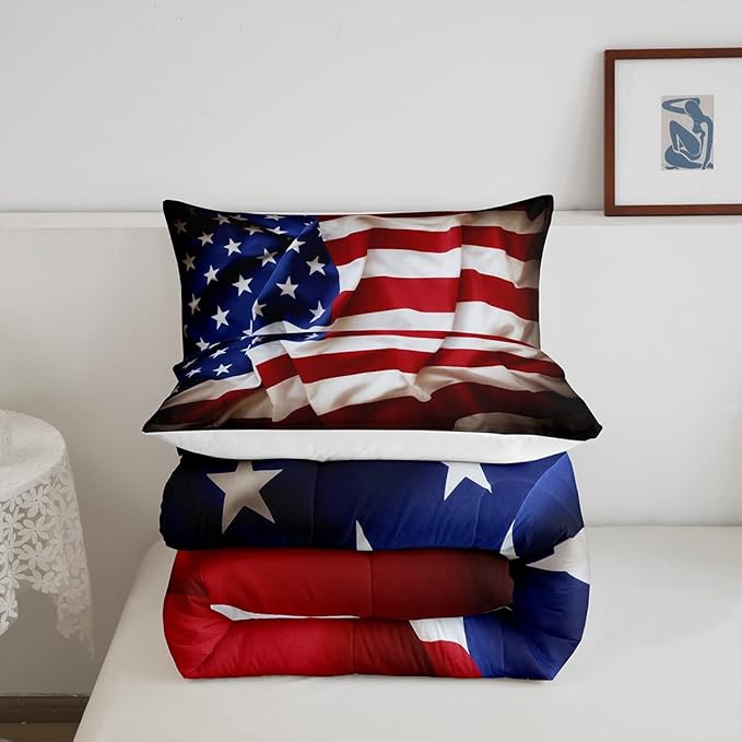 Erosebridal American Flag Comforter Set, United States Down Comforter Queen Size for Kids Boys Teens, USA Federations Stars Bedding Set Geometric Stripes Quilted Duvet for Bedroom, Blue White and Red
