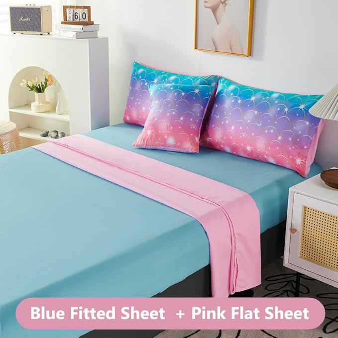 PERFEMET Pink Purple Mermaid Comforter Queen Size 6 Pieces Girls Bedding Set Colorful Rainbow Ombre Bed in A Bag Mermaid Scale Print Queen Comforter Set with Sheets