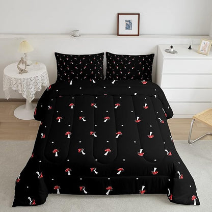 Cute Mushroom Kawaii Comforter Set Queen Kid Cartoon Bedding Set Red Mushroom Duvet Set Farmhouse Botanical Reversible Quilt Set Lovely Natural Wild Plants Comforter Set For Bedroom Decor, Black