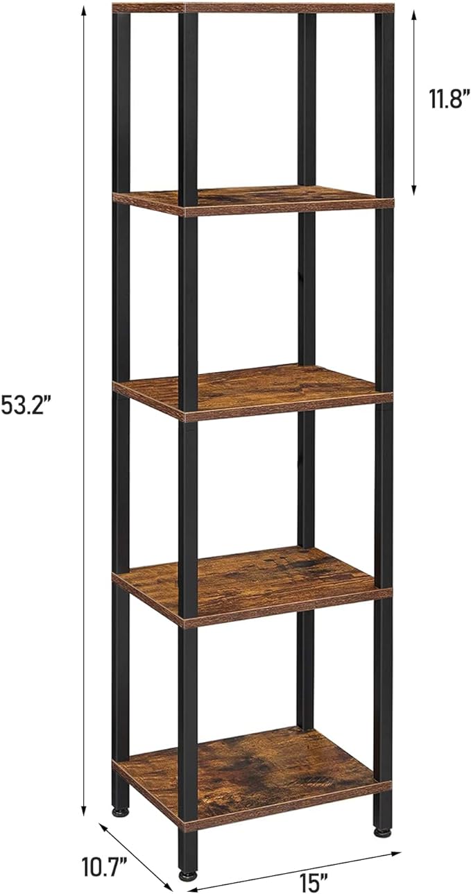 TUTOTAK Bookshelf, 5-Tier Tall Book Shelf, Narrow Bookcase for Small Space, DIY Stackable Bookshelf, for Living Room, Office, Study, Entryway, Industrial, Rustic Brown and Black BS01BB005